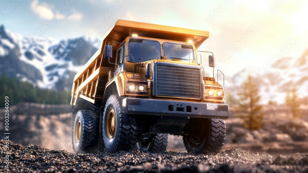 A large yellow truck is driving through a snowy mountain range A large yellow truck is driving through a snowy mountain range