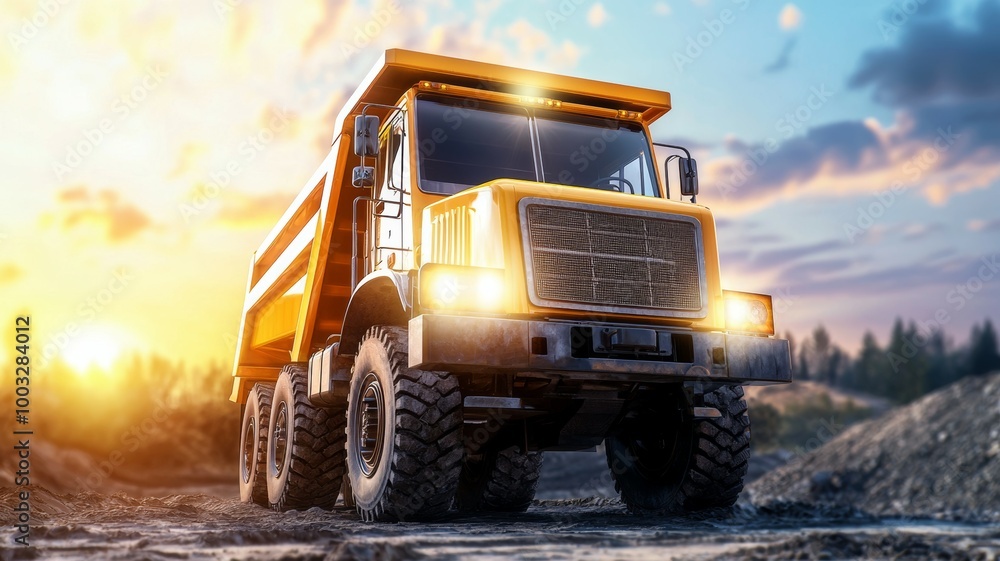 A large yellow dump truck is driving down a dirt road A large yellow dump truck is driving down a dirt road