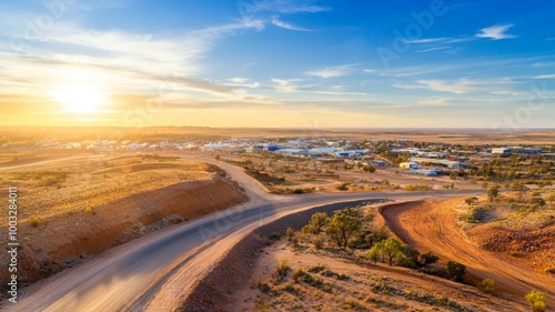 A desert landscape with a road that leads to a town photo