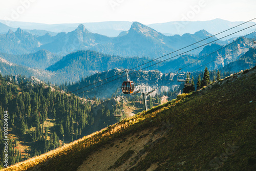 Red Gondola Skilift Green Mountains Crystal Mountain Alpine Ski Area Pierce County Washington. Crystal Mountain Largest Washington Ski Resort next to Mount Rainier.