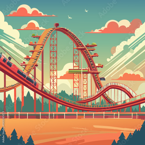 Vector Roller Coaster in Vibrant Landscape Scene