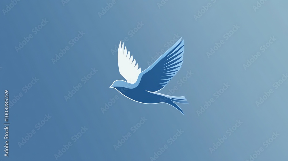 Fototapeta premium A blue dove flying against a light blue background.