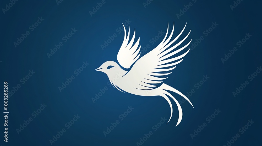 A stylized white dove flying against a deep blue background. A stylized white dove flying against a deep blue background.