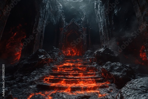 Demonic throne room with lava flows, with copy space