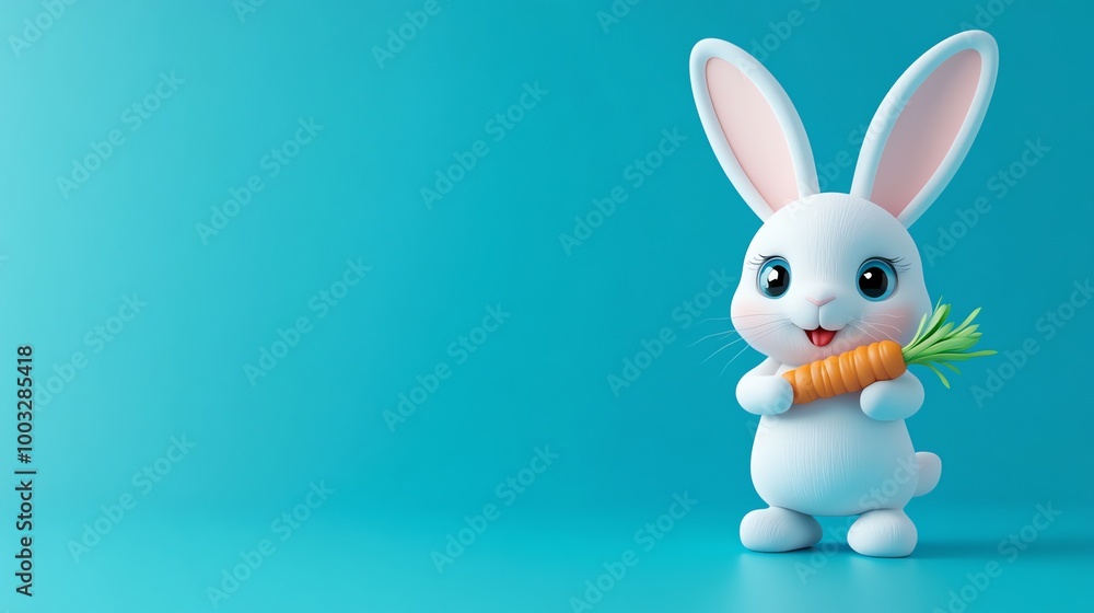 Obraz premium Adorable cartoon bunny holding a carrot, isolated on a blue background.