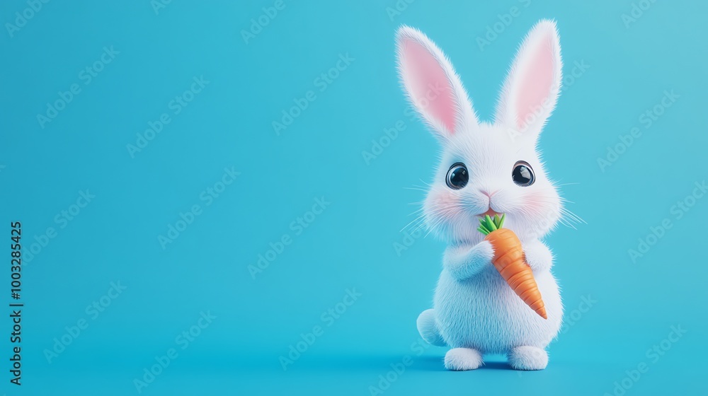 A cute cartoon rabbit holding a carrot against a blue background. A cute cartoon rabbit holding a carrot against a blue background.