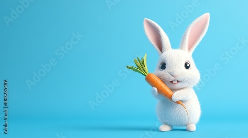 Adorable cartoon bunny holding a carrot on a light blue background.