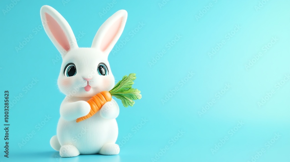 White Easter bunny holding a carrot against a light blue background. White Easter bunny holding a carrot against a light blue background.