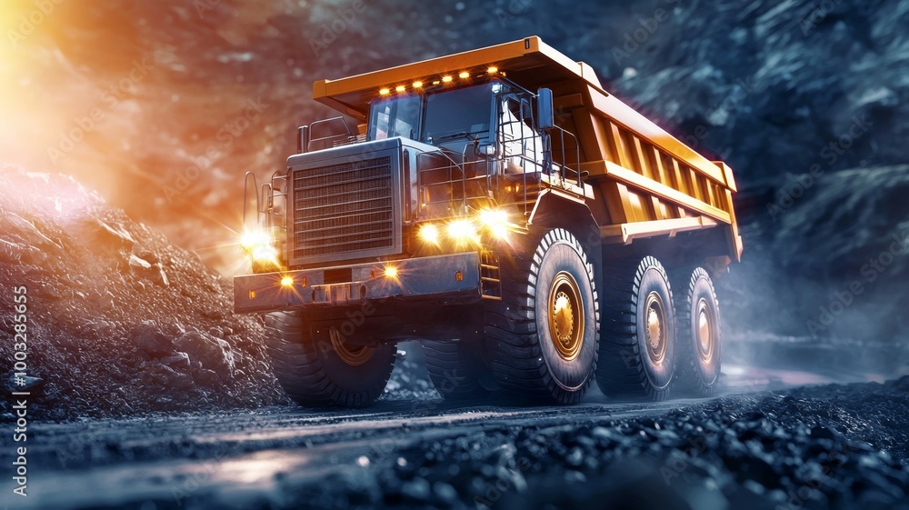 A large truck is driving down a road with a lot of rocks and dirt A large truck is driving down a road with a lot of rocks and dirt