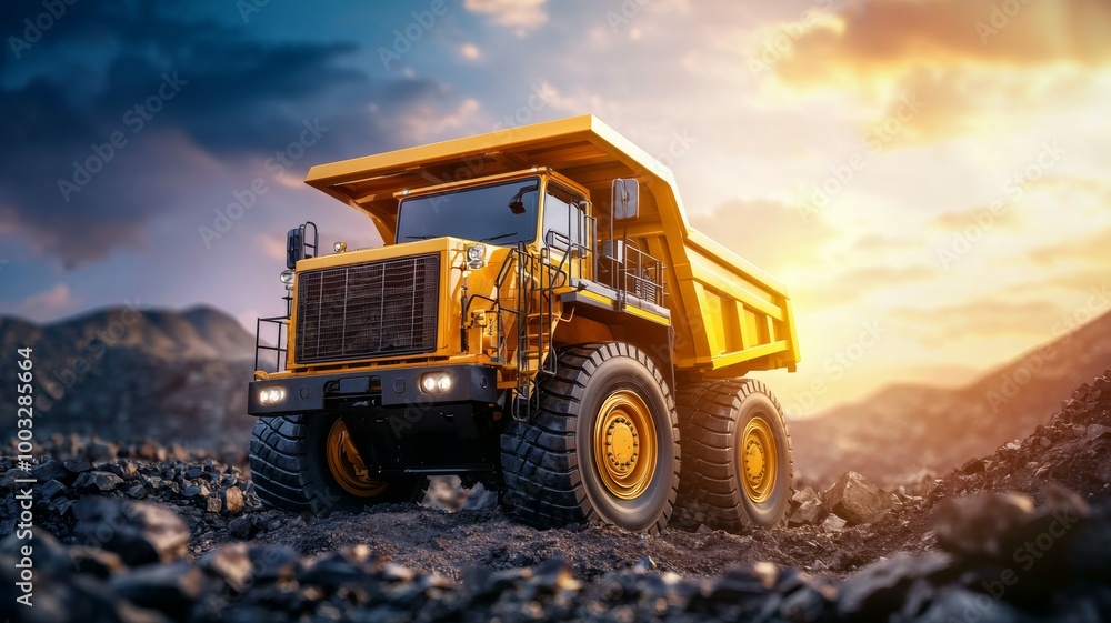 Obraz premium A yellow dump truck is driving on a rocky road
