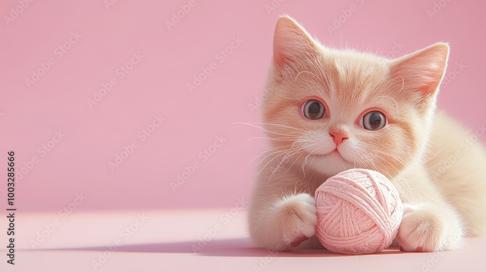 A cute, cream-colored kitten plays with a pink ball of yarn on a pink background. A cute, cream-colored kitten plays with a pink ball of yarn on a pink background.