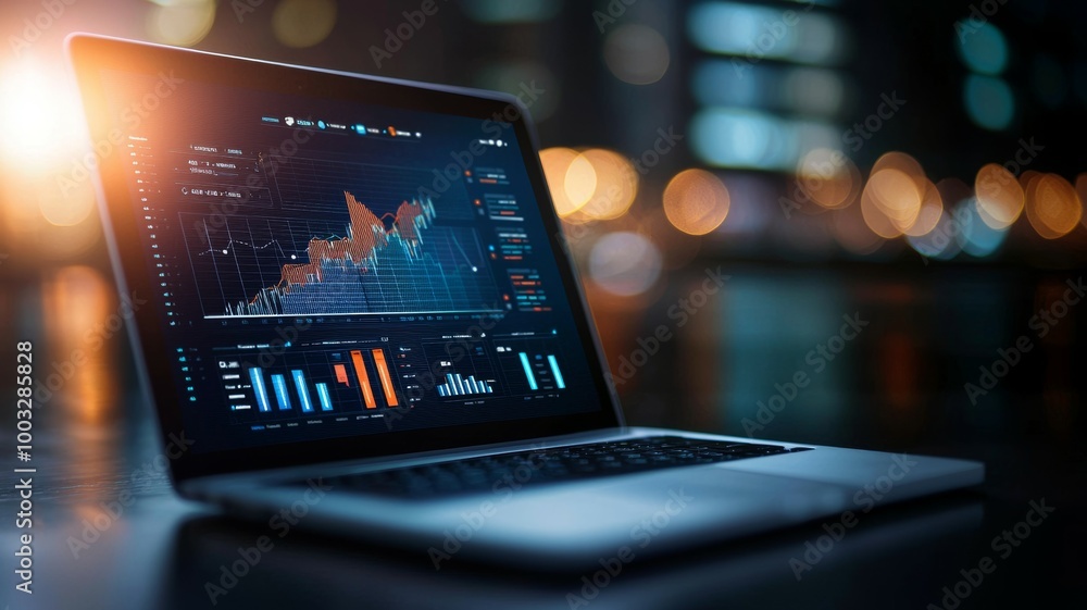 A laptop displaying a graph of stock market data A laptop displaying a graph of stock market data