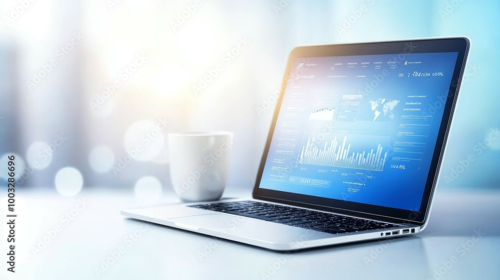 A laptop computer is open on a table with a white coffee cup next to it A laptop computer is open on a table with a white coffee cup next to it