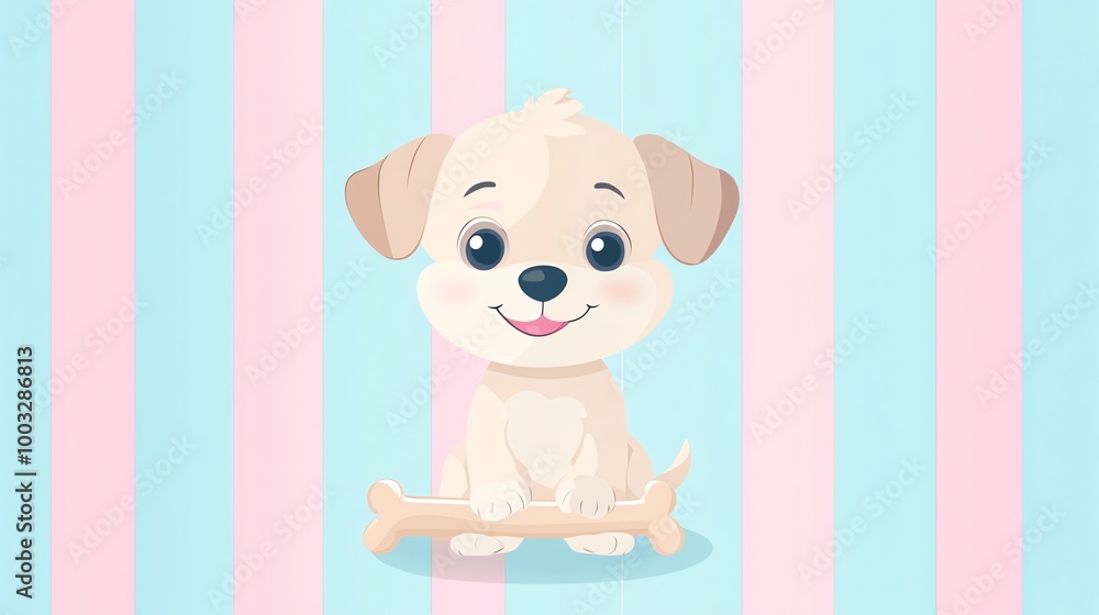 A cartoon puppy holds a bone in front of a pink and blue striped background. A cartoon puppy holds a bone in front of a pink and blue striped background.