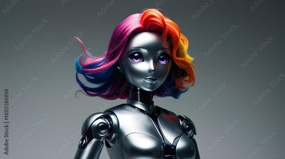 colorful-haired robot girl in futuristic anime style, realistic 3d rendering colorful-haired robot girl in futuristic anime style, realistic 3d rendering