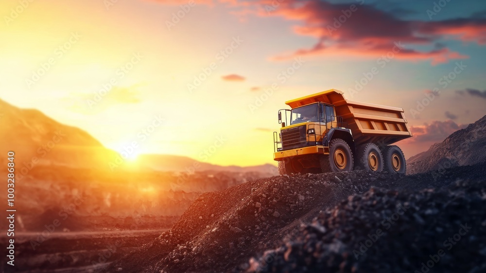 A large yellow dump truck is driving down a rocky hillside A large yellow dump truck is driving down a rocky hillside