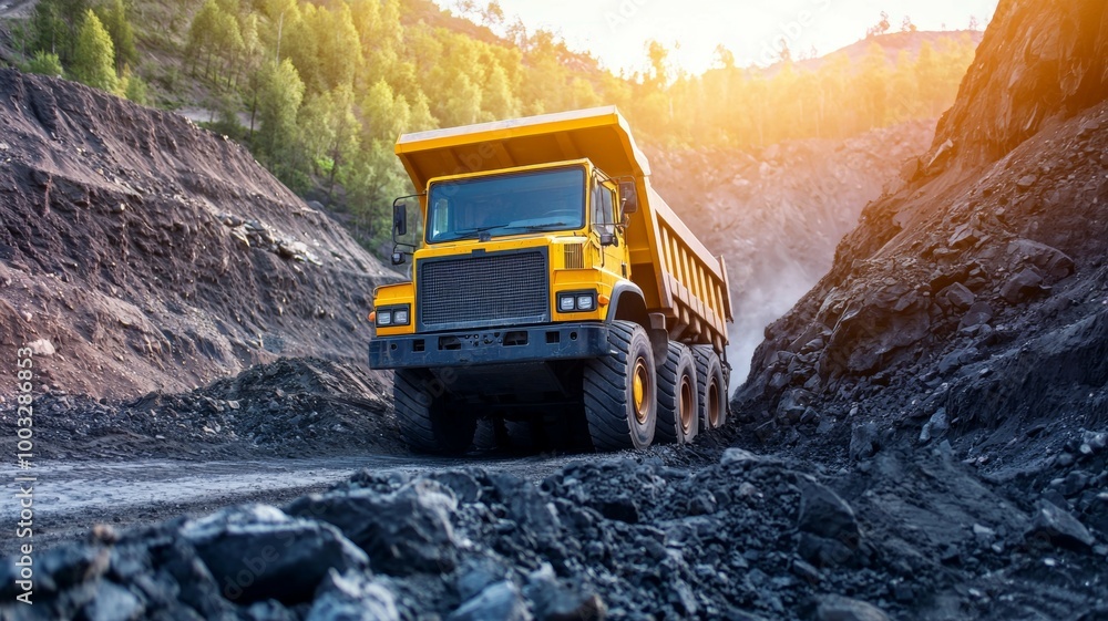 A large yellow dump truck is driving through a rocky area A large yellow dump truck is driving through a rocky area