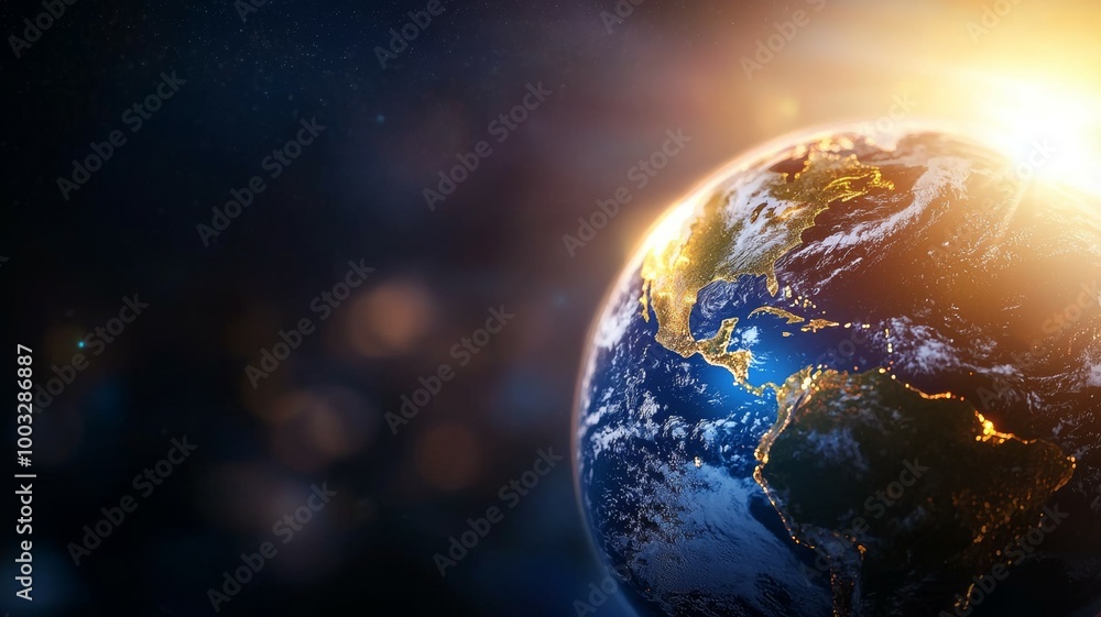 Obraz premium A close up of the Earth with a bright sun in the background
