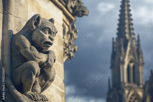 Gargoyles coming to life, with copy space photo