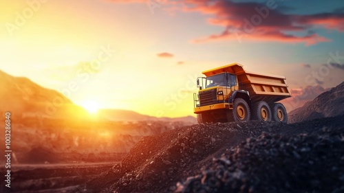 A large yellow dump truck is driving down a rocky hillside