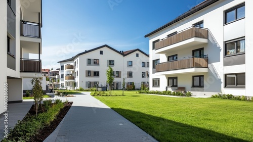 A row of white buildings with a green grassy area in between