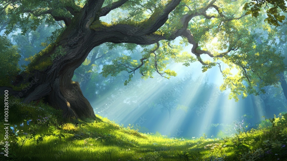 Fototapeta premium A large tree with a lot of leaves is in the foreground of a lush green field