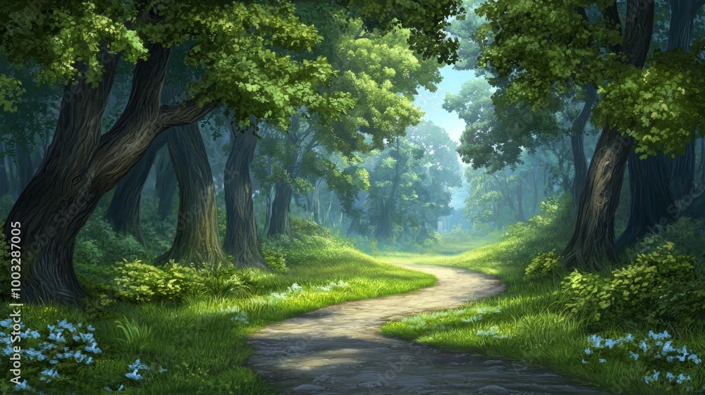 Obraz premium A path through a forest with trees on either side