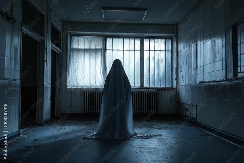 Ghostly apparition in abandoned, with copy space Ghostly apparition in abandoned, with copy space