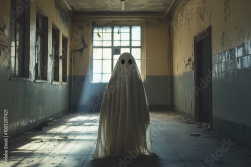 Ghostly apparition in abandoned, with copy space photo