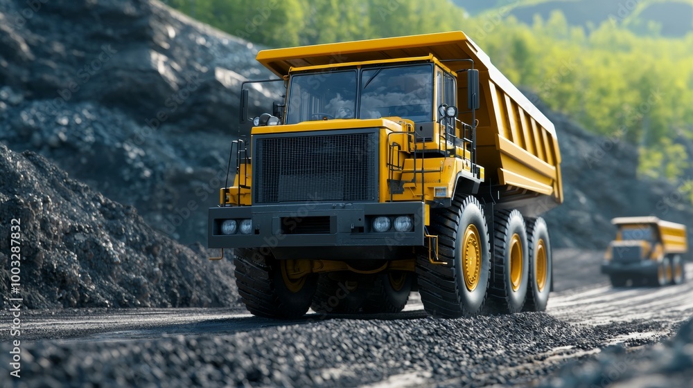 A yellow dump truck is driving down a rocky road A yellow dump truck is driving down a rocky road