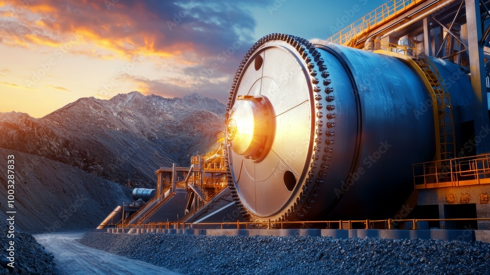 A large industrial machine is surrounded by mountains A large industrial machine is surrounded by mountains
