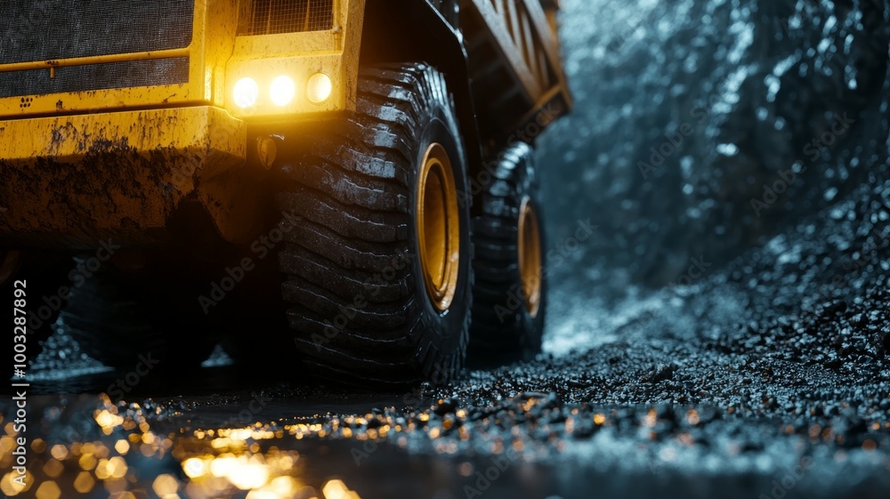 A yellow dump truck is driving down a muddy road A yellow dump truck is driving down a muddy road
