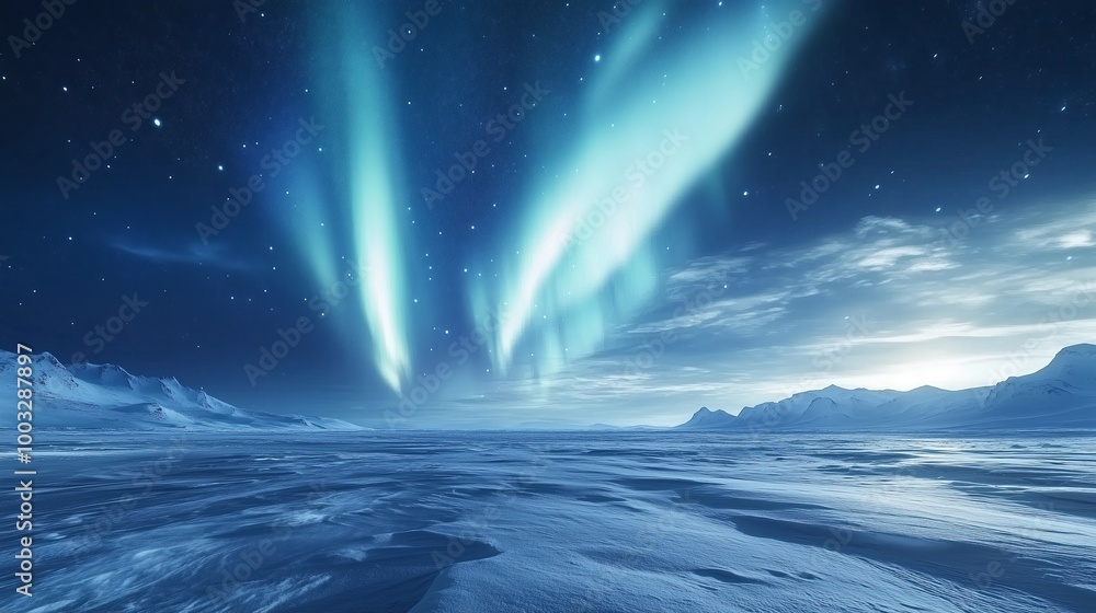 Auroras electric blue dancing over frozen tundra starry sky, captivating contrast. AI generated Auroras electric blue dancing over frozen tundra starry sky, captivating contrast. AI generated