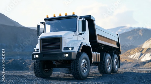 A large dump truck is parked on a rocky hillside