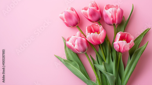 Pink Tulips on Pastel Background. A bouquet of fresh pink tulips is arranged neatly on a soft pastel pink background, creating a delicate and romantic floral arrangement.