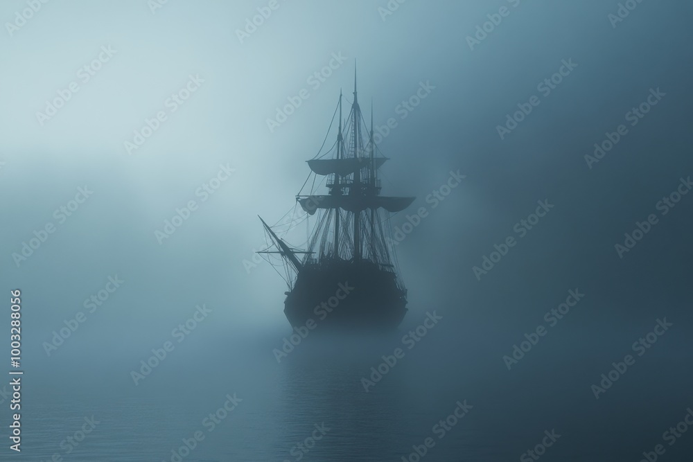 Ghostly pirate ship emerging, with copy space Ghostly pirate ship emerging, with copy space