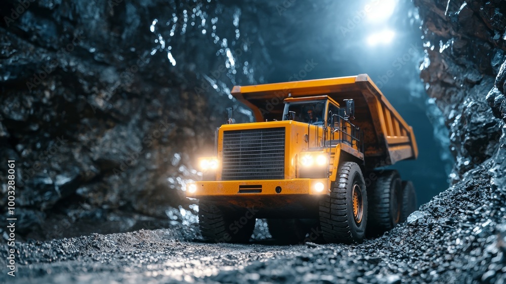 A large orange dump truck is driving down a rocky road A large orange dump truck is driving down a rocky road