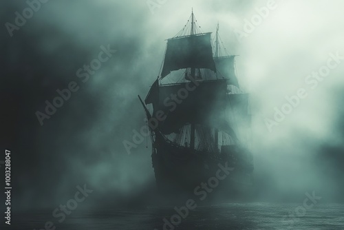 Fototapeta Naklejka Na Ścianę i Meble -  Ghostly pirate ship emerging, with copy space
