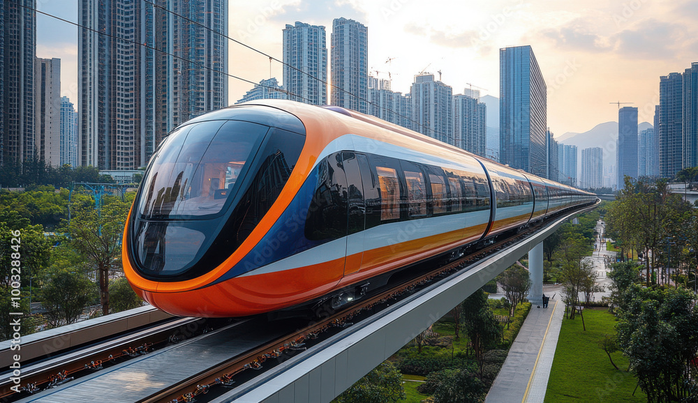 Suspended high-speed monorail with striking red, white, and blue design in providing shade for passengers Suspended high-speed monorail with striking red, white, and blue design in providing shade for passengers