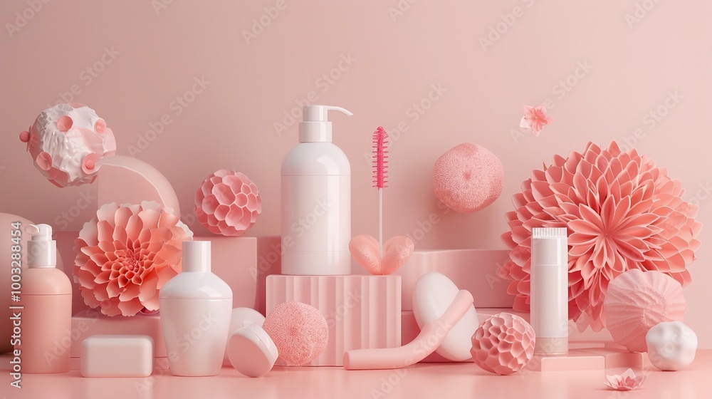 Pink and White Cosmetics and Floral Decorations on a Pink Background Pink and White Cosmetics and Floral Decorations on a Pink Background