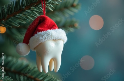 White tooth wearing santa hat hanging on christmas tree