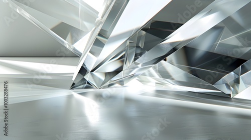 3D Rendering of Angular Geometric Glass Shapes on Minimalist Backdrop