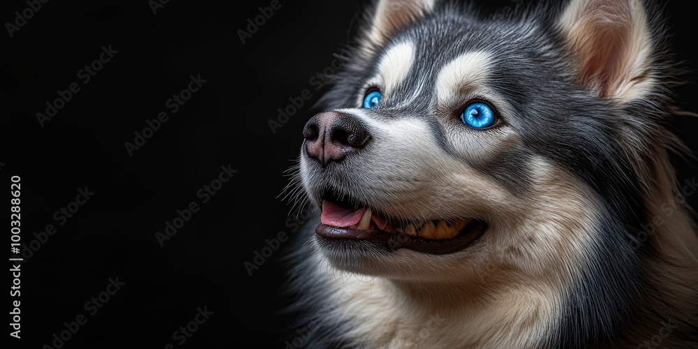 Obraz premium This husky displays stunning blue eyes and a charming expression, highlighting its thick fur against a contrasting dark background, capturing a captivating moment