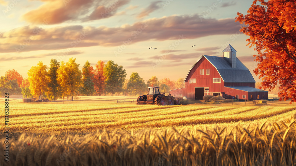 Red Barn and Tractor in Golden Wheat Field at Sunset. A peaceful farm scene with a red barn and tractor working in a golden wheat field during sunset, framed by autumn trees in the background. Red Barn and Tractor in Golden Wheat Field at Sunset. A peaceful farm scene with a red barn and tractor working in a golden wheat field during sunset, framed by autumn trees in the background.