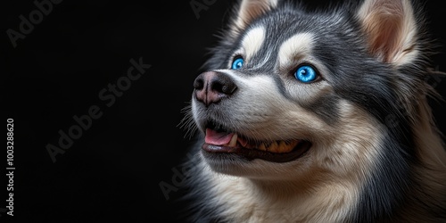 This husky displays stunning blue eyes and a charming expression, highlighting its thick fur against a contrasting dark background, capturing a captivating moment