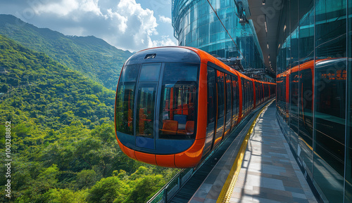 Light rail monorail above a modern platform with lush mountains in sunny weather photo