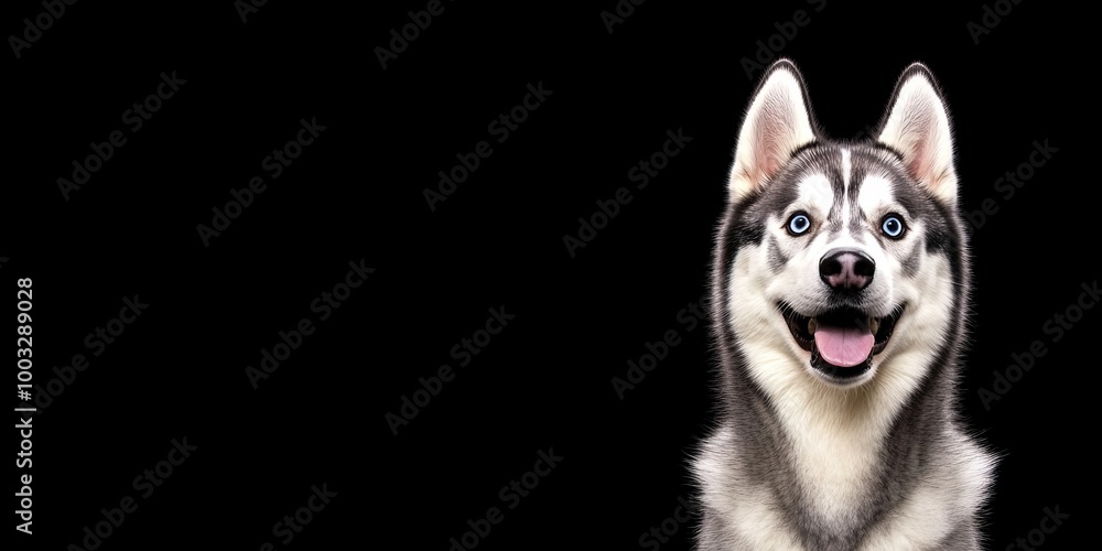 A friendly husky with vibrant blue eyes happily gazes towards the camera, exuding a joyful demeanor. The dark background adds emphasis to its expressiveness and fur texture A friendly husky with vibrant blue eyes happily gazes towards the camera, exuding a joyful demeanor. The dark background adds emphasis to its expressiveness and fur texture