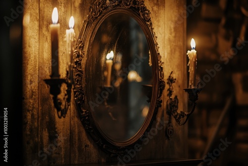 Haunted antique mirror on a table, with copy space photo