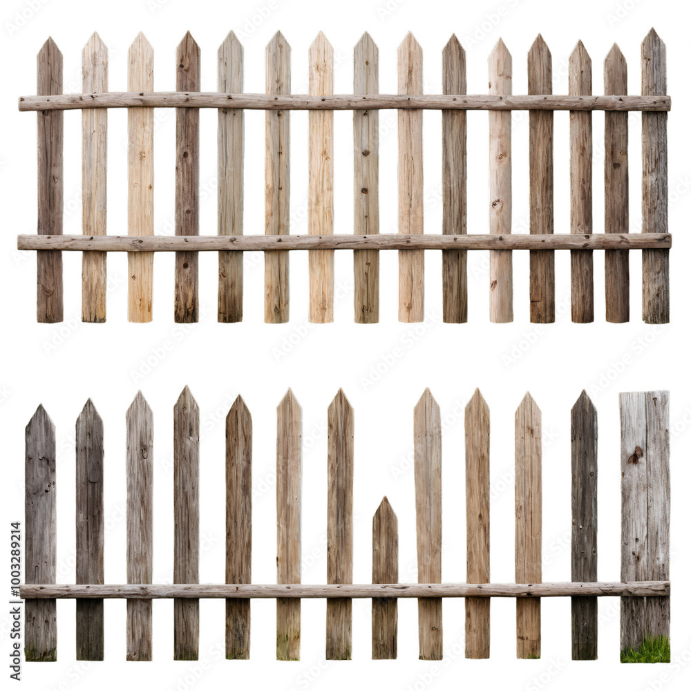 Two sets of wooden fence posts with a white background Two sets of wooden fence posts with a white background