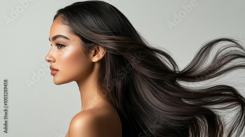 Portrait of a beautiful young Indian woman with long shiny straight black hair on grey background. Salon Spa Cosmetic Concept